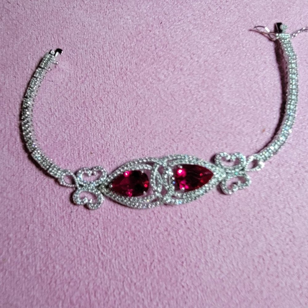 JTV-LAB CREATED RUBY AND LAB CREATED WHITE SAPPHIRE SILVER BRACELET